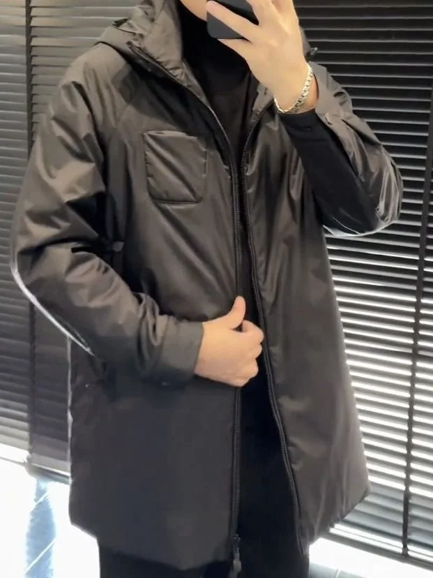 

High Quali Men's Cotton Jaet Spring Early 330 Slim Fit Hooded Thin Cotton Mid-Length Warm Busin Sle Zipper Closure