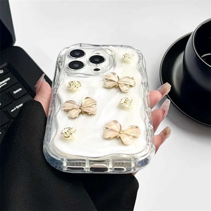 Korean Style 3D Floral Butterfly Epoxy Case For iPhone 15 14 13 12 11 Pro Max X XS XR Camera Protective Wave Silicone Soft Cover