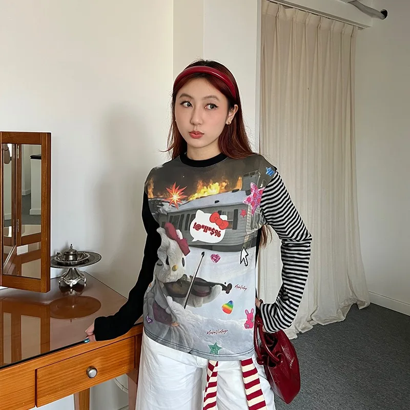 

Женская осенняя свободная футболка с длинными рукавами и 3D-принтом в полоску из мультфильма котенка и кота в американском стиле ретро, повседневная, быстросохнущая, верхняя тенденция