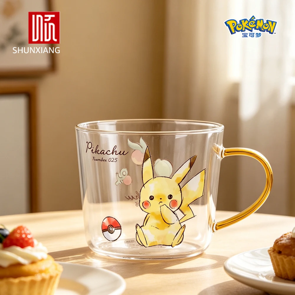 SHUNXIANG Pokémon Pikachu Glass Mugs Cartoon Drink Tableware Coffee Milk High Borosilicate Water Cup with Handle Gifts