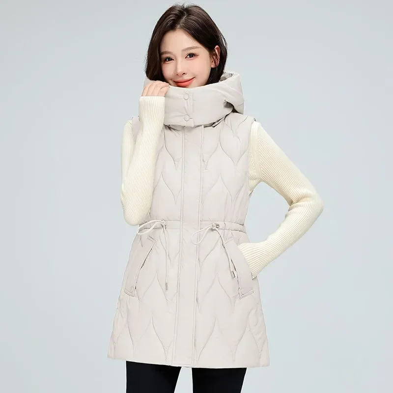 

Модный пуховый хлопковый жилет с капюшоном, женский осенне-зимний 2026, новая корейская куртка без рукавов, теплый женский жилет средней длины для мам W1138