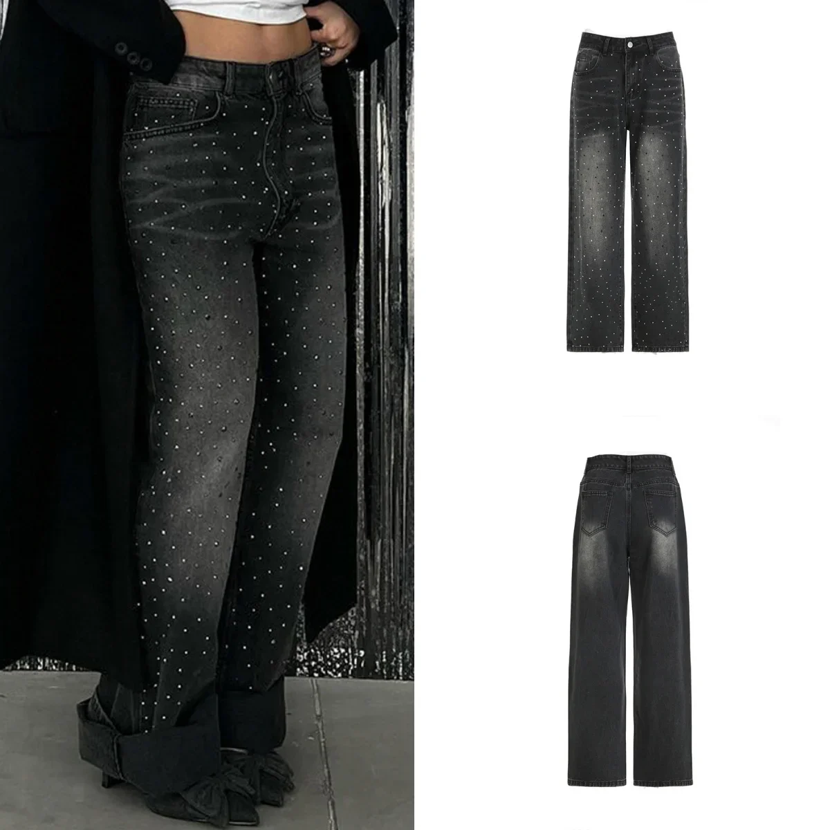 Low Waist Wide Leg Women\'s Jeans 2024 American Black Rhinestone Baggy Denim Long Pants Female Oversized BF Style Trousers