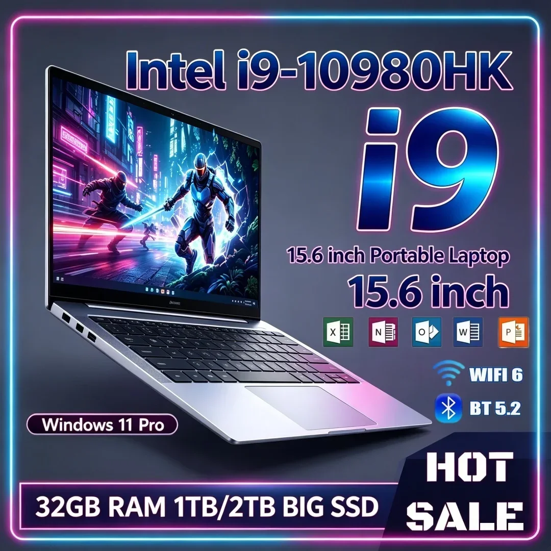 15.6 Inch Premium Ultra Slim Laptop Intel i9-10980HK 16GB/32GB RAM 1TB/2TB Big SSD Portable Windows11 Office Study Notebook