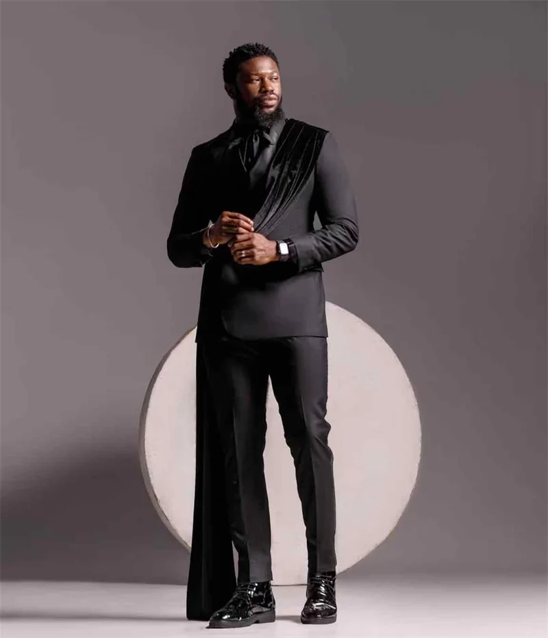 Conjunto de ternos masculinos pretos, 2 peças, blazer + calças, prata, apliques, casamento, smoking, jaqueta formal, escritório, negócios, casaco masculino