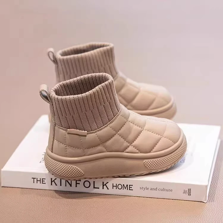 Children's Snow Boots 2-18 Years Old Khaki Padded Thickened Boys Girls Cotton Shoes Winter Black Soft Non-slip Kids Sock Boots