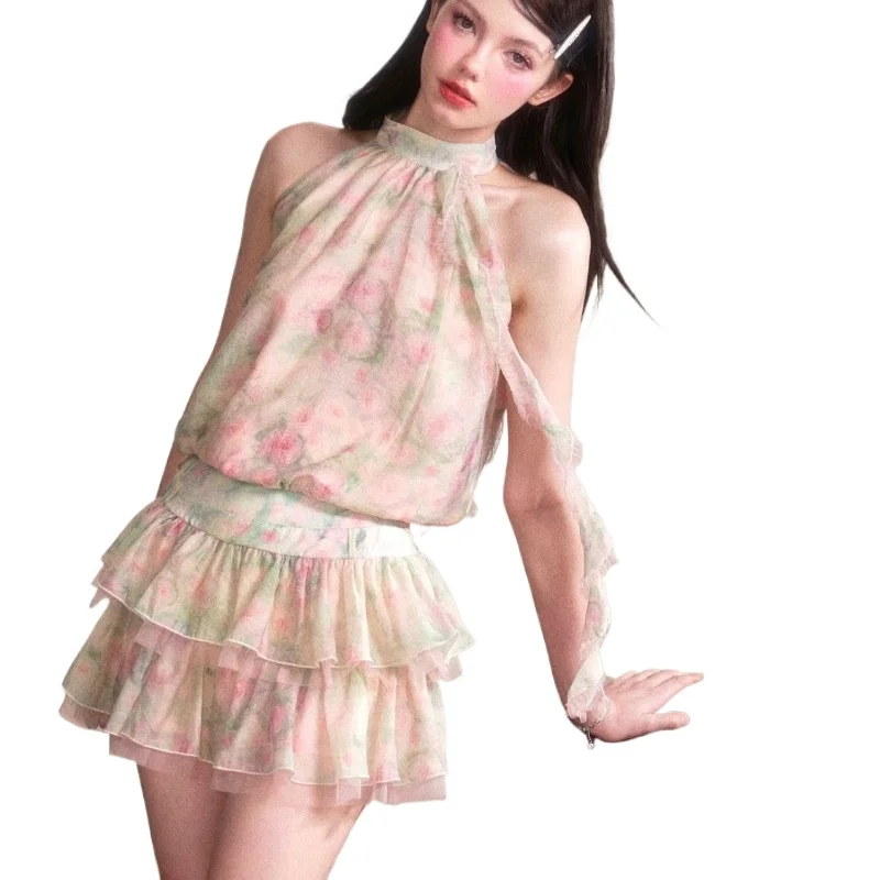

Dream Floral Design Sleeveless Neck Chiffon Vest Skirt Set Temperament Commuter Women's Clothing Lively, Elegant and Youthful