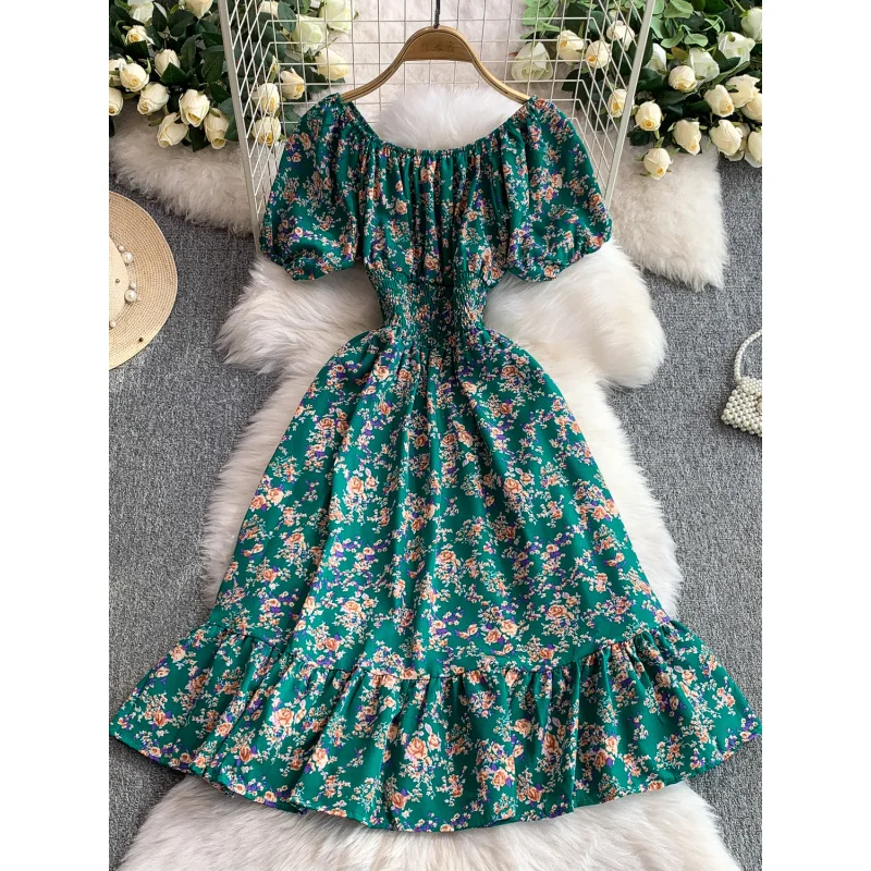 Boho Vintage Blumendruck sexy schulterfreies Midikleid Party Rüschen Frauen Sommer Vestido de Festa Strandurlaub A-Linie Kleid