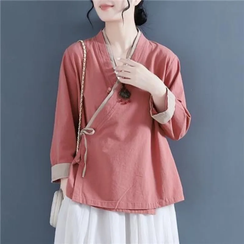 Women's plus Size Shirt Spring Summer New Style Button up Cotton Linen Cover Belly Hanfu Style Loose Fit V Neck Open Cardigan