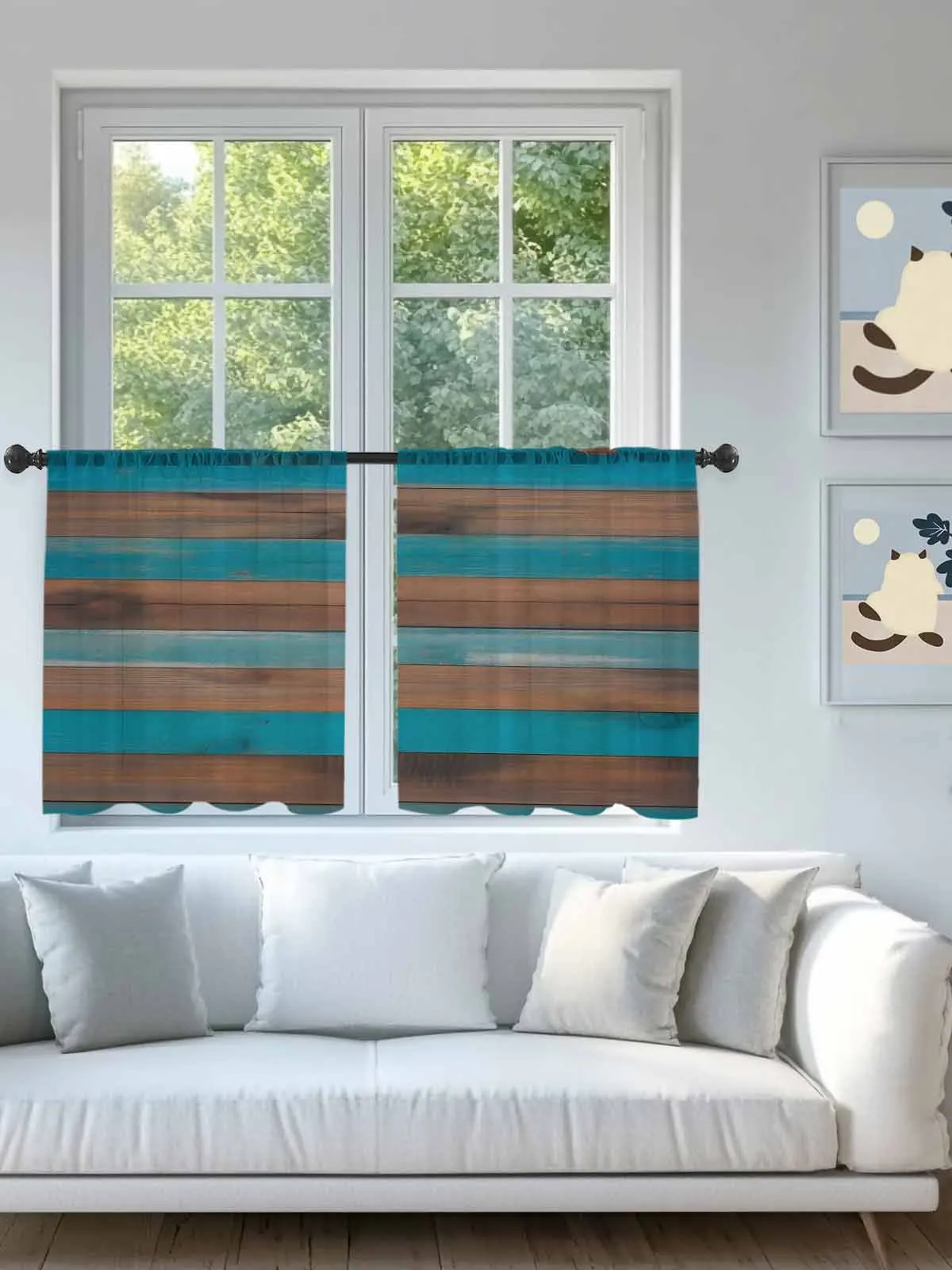 

Blue Brown Distressed Plank Sheer Voile Curtains for Living Room Window Treatment for Bedroom Kitchen Drapes