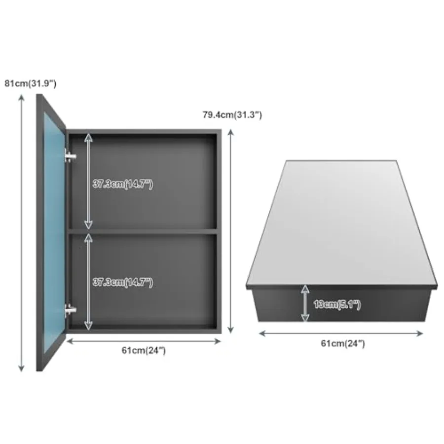 Bathroom medicine cabinet, metal frame, silver, 24 x 32 inch, recessed or surface mount, pre-assembled, with mirror and storage