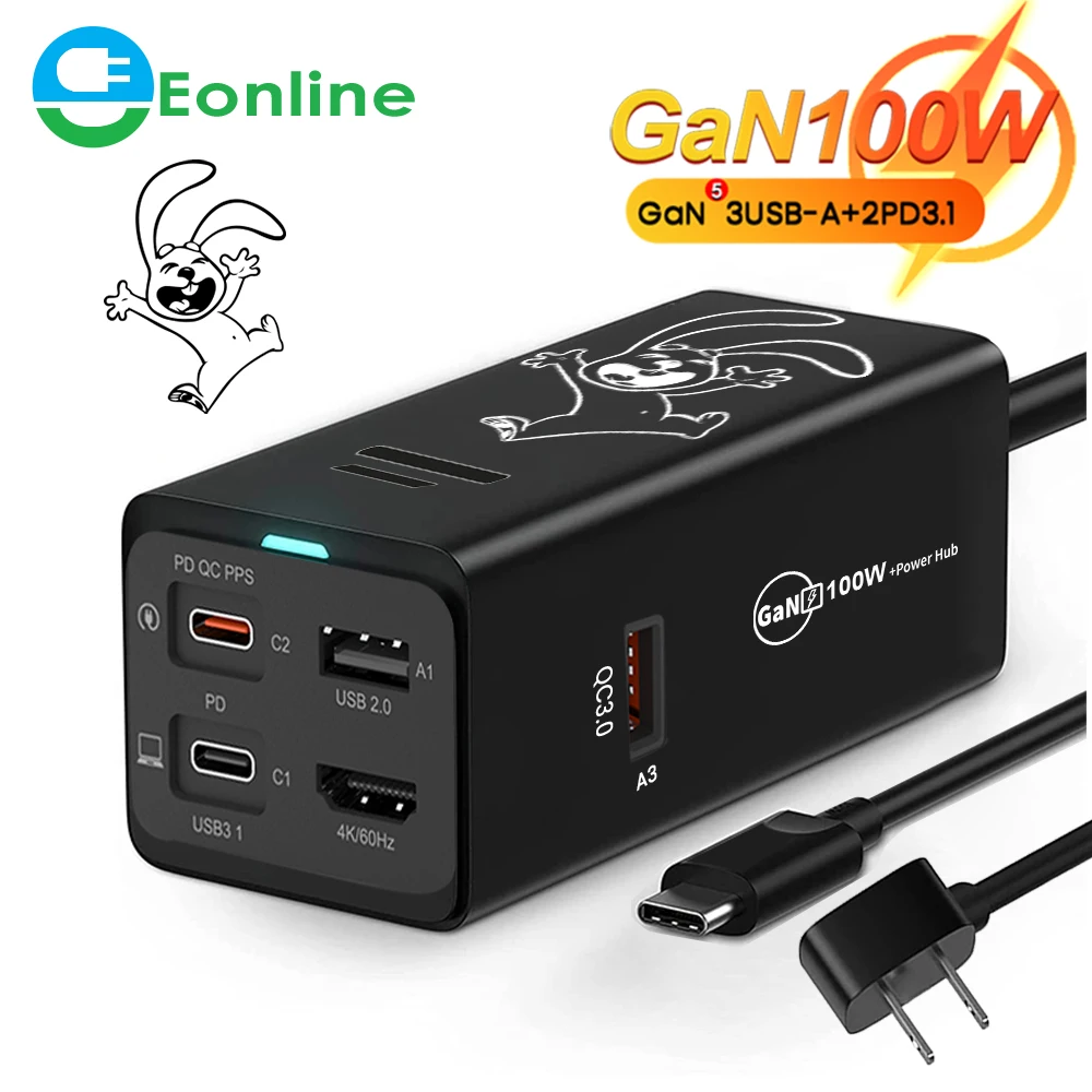 

EONLINE 100W GaN Charger Desktop Laptop Fast Charger 4 in 1 Adapter For iPhone 14 13 12 Pro Max Phone Charger Xiaomi Samsung