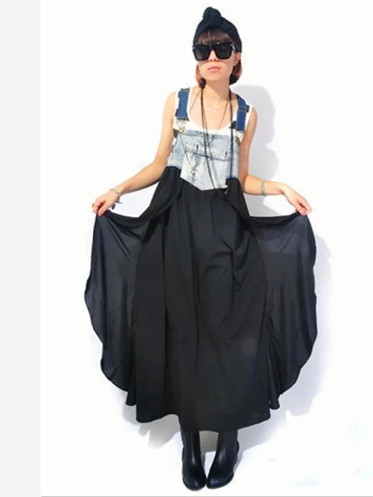 [EWQ] Denim Patchwork Design Black Ruffled Hem Women Robe Beautiful Clothing Summer 2025 Autumn Runway Sling Dresses 16O1249