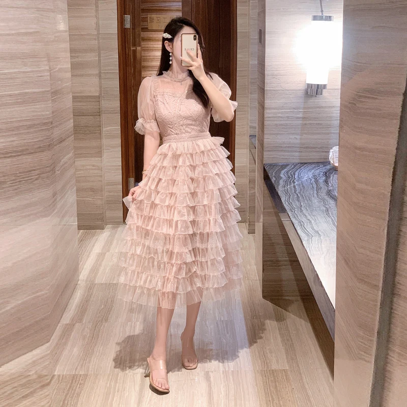 High Quality Luxury French Midi Pink Mesh Embroidery Dress Women Elegant Party Bubble Short Sleeve High Waist Puffy Cake Dress