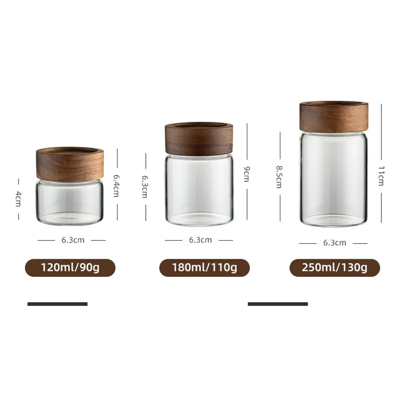 Coffee Powder Sealed Jar Transparent Glass Tea Cans Candy Food Storage Jar Wooden Lid Grain Storage Container Kitchen Utensils