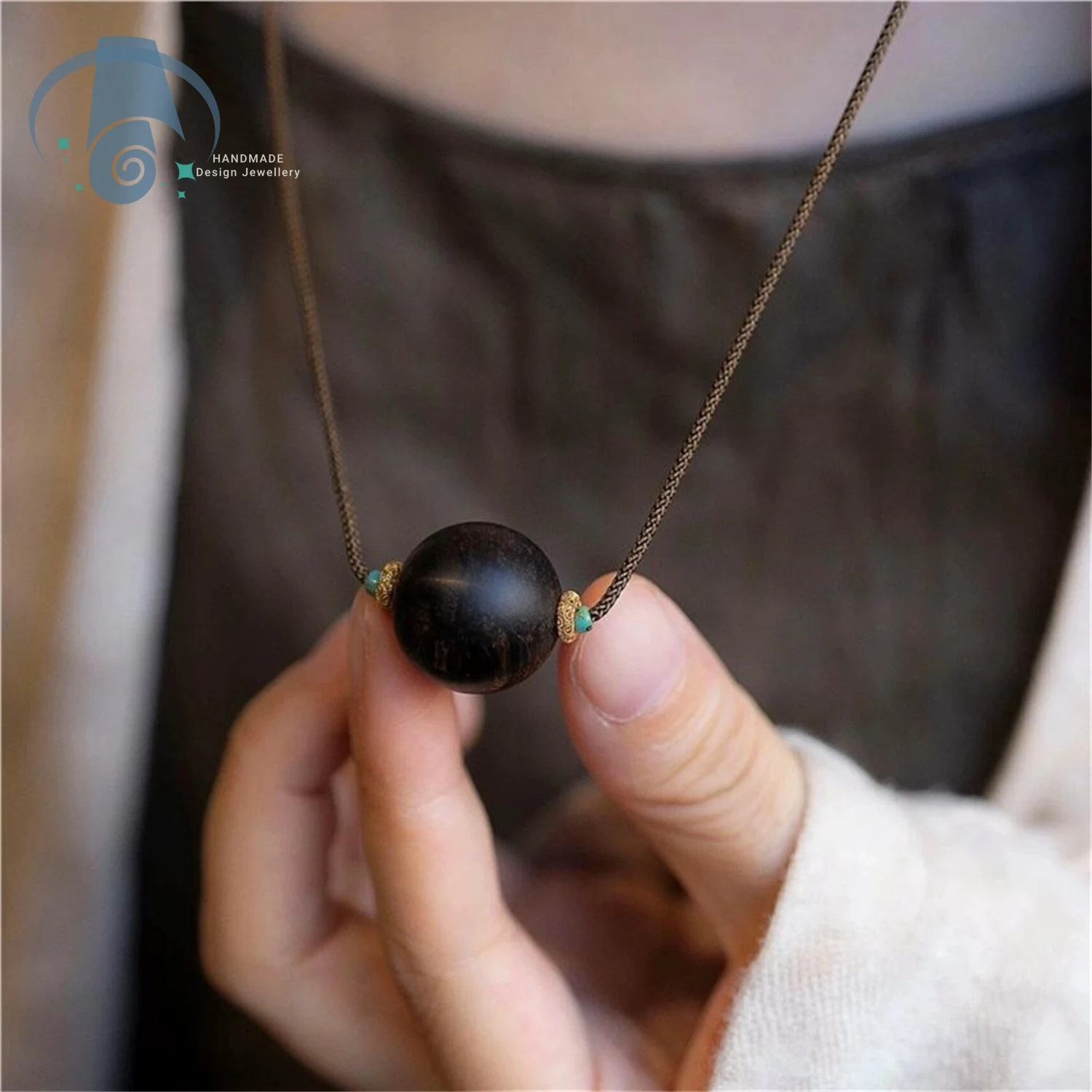 Natural Chinese Style Agarwood Pendant Necklace Large Single Bead Lucky Protection Pendant Sweater Chain for Women Zen Jewelry