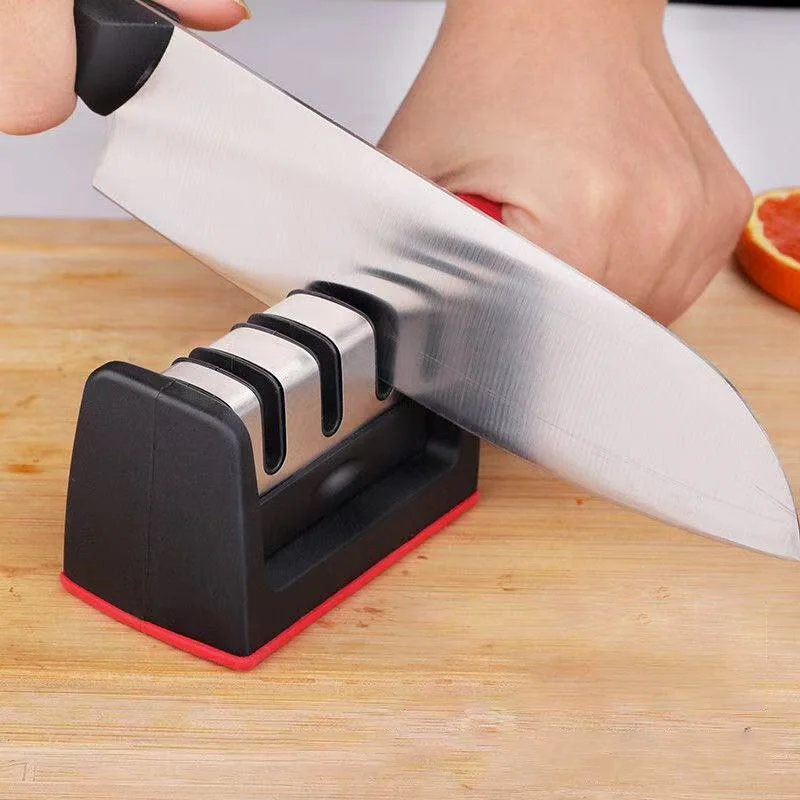 Afilador de cuchillos de cocina de 4 segmentos, piedra afiladora negra multifuncional de mano de tres usos para el hogar