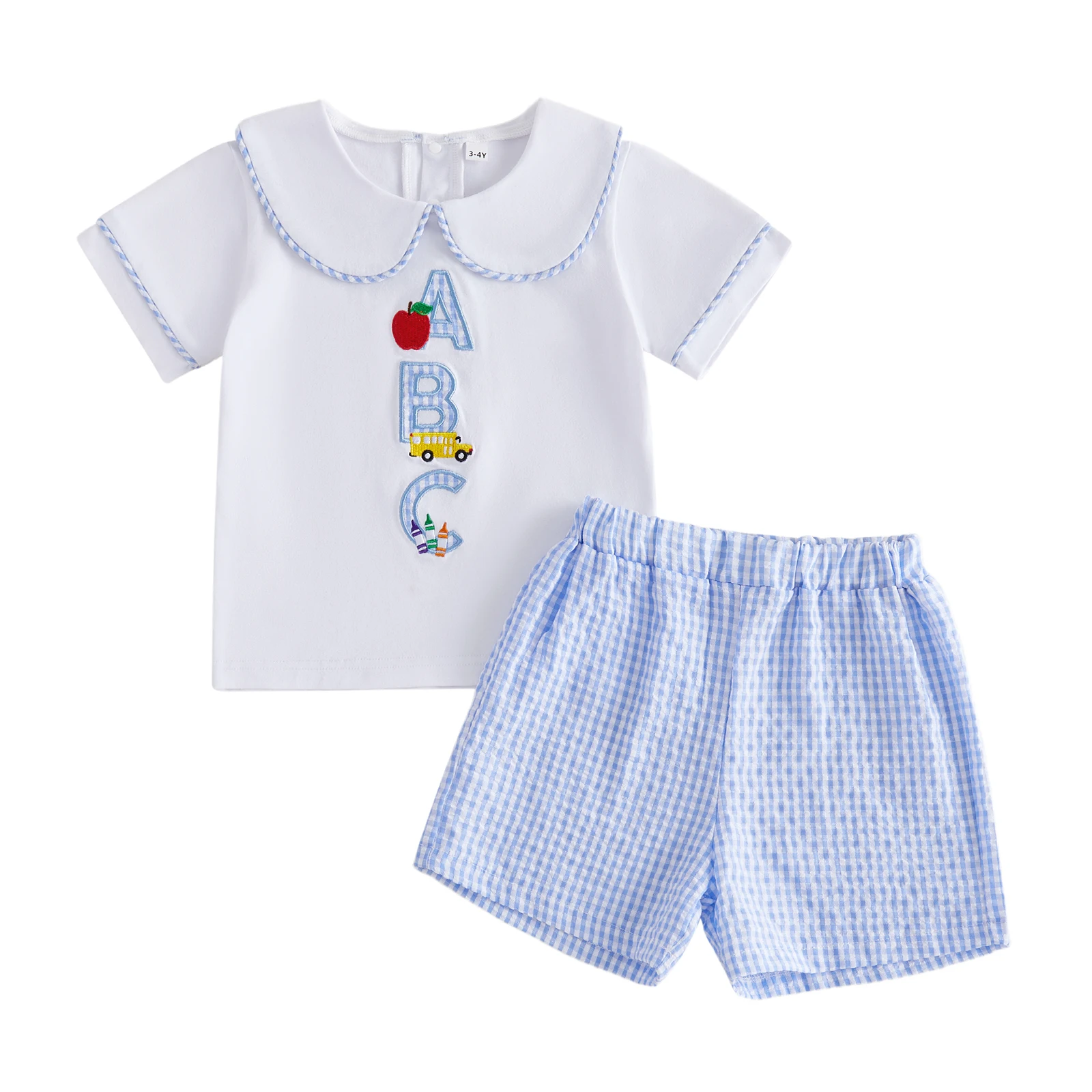 2026 New Toddler Girls Back to School Outfit Summer Cute Short Sleeve Apple Crayon Embroidery Tops with Plaid Shorts 2Pcs Set