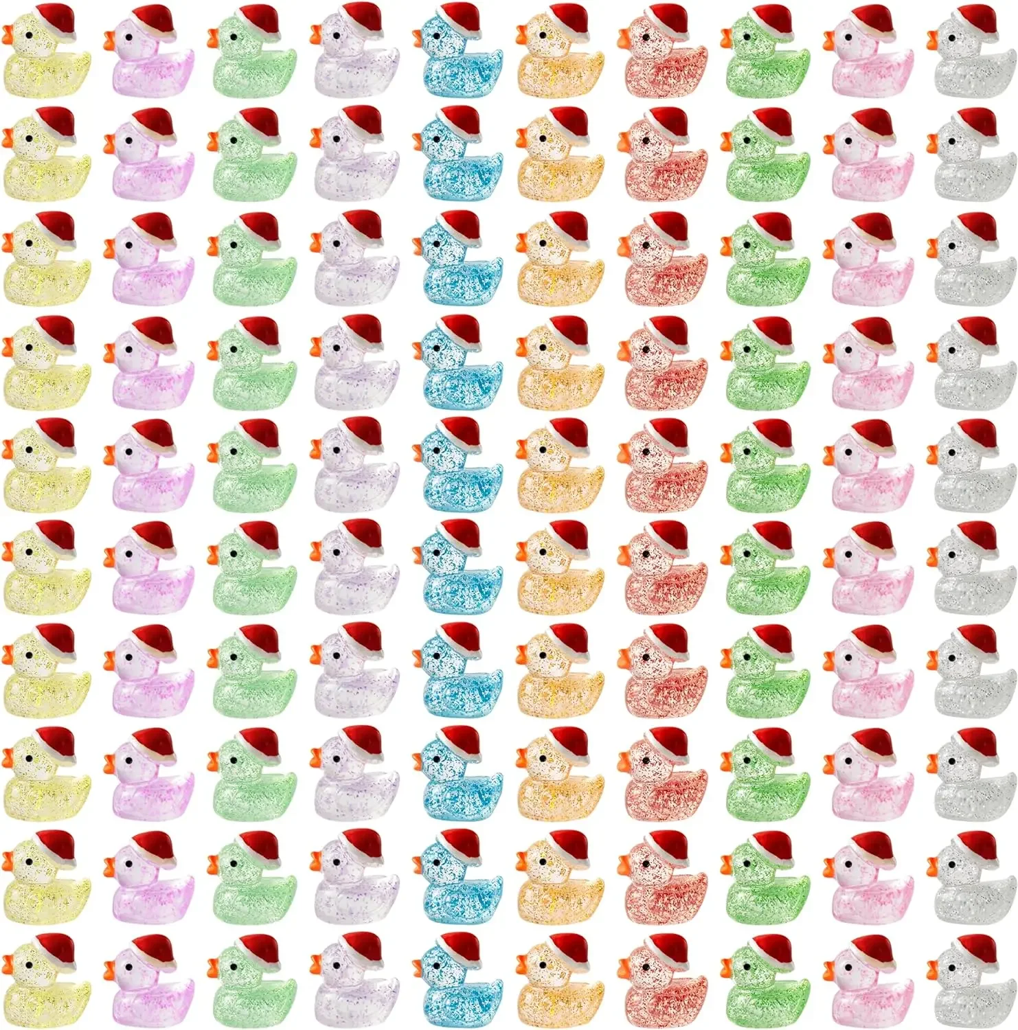 50/100pc Christmas Mini Resin Ducks Glitter Miniature Christmas Hat Duck Figures Shine Tiny Duck Ornaments Micro Landscape Decor