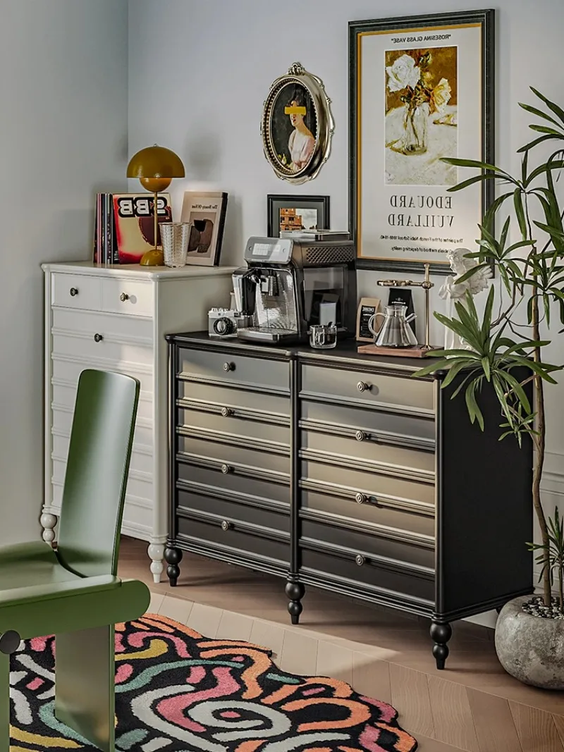 

French medieval solid wood eight-bucket cabinet, black American living room, white storage, dining side cabinet, bedroom drawer