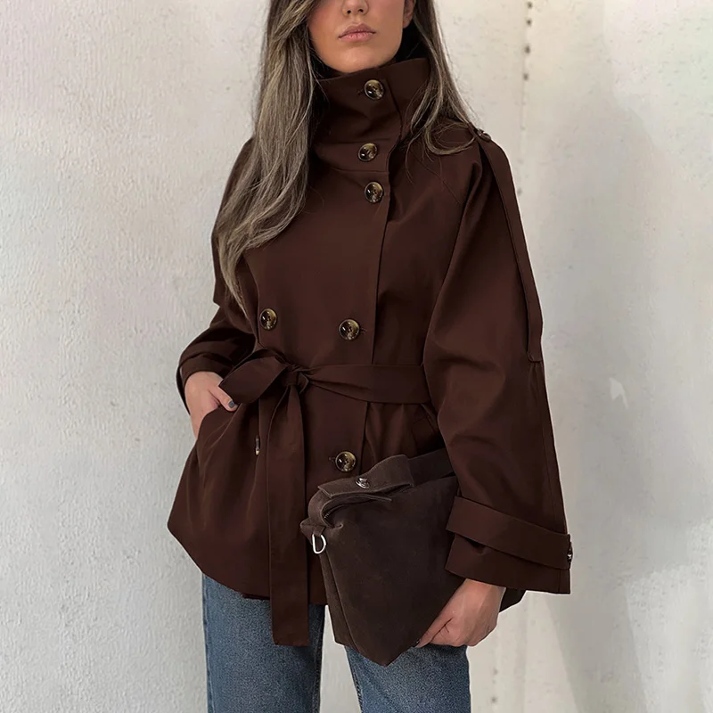 Ticketsx Vintage High Neck Trench Coats Double Breasted Lace Up Patchwork Slim Jacket Women Fall Winter Office Streetwear Trench