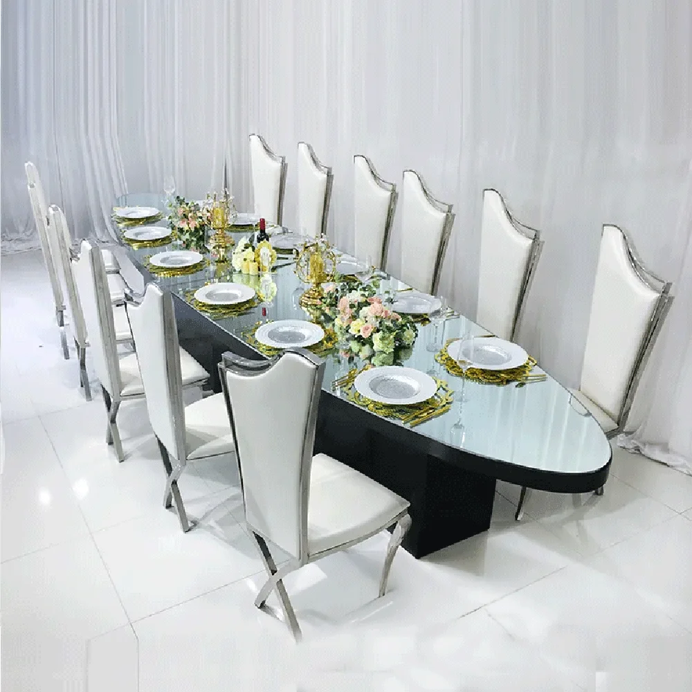 Black Metal Dining Table for Banquet Party, Mirror Glass Oval, Luxury Event, New Design, 2 Pieces