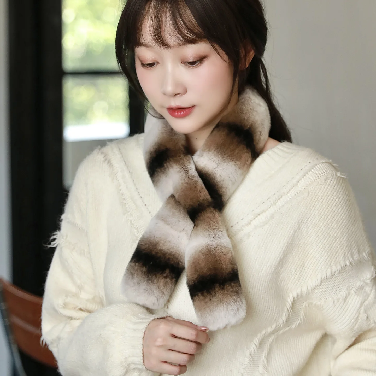 

Besfilin New Real Rex Rabbit Fur Slender Small Scarf for Women Spring Autumn Winter Warm Neck Warmer Fashion Accessory