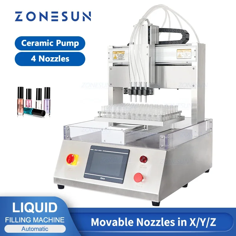 ZONESUN ZS-XYZ4 آلة تعبئة السوائل 4 رؤساء مضخة مكبس السيراميك أنبوب القارورة وكلاء كيميائي خط إنتاج التعبئة والتغليف