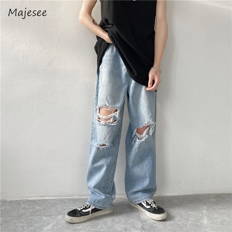 

Jeans Men Hip-hop Spring Hole Ins Handsome High Street Casual Loose Charming Chic European Style Straight Trousers Schoolboys