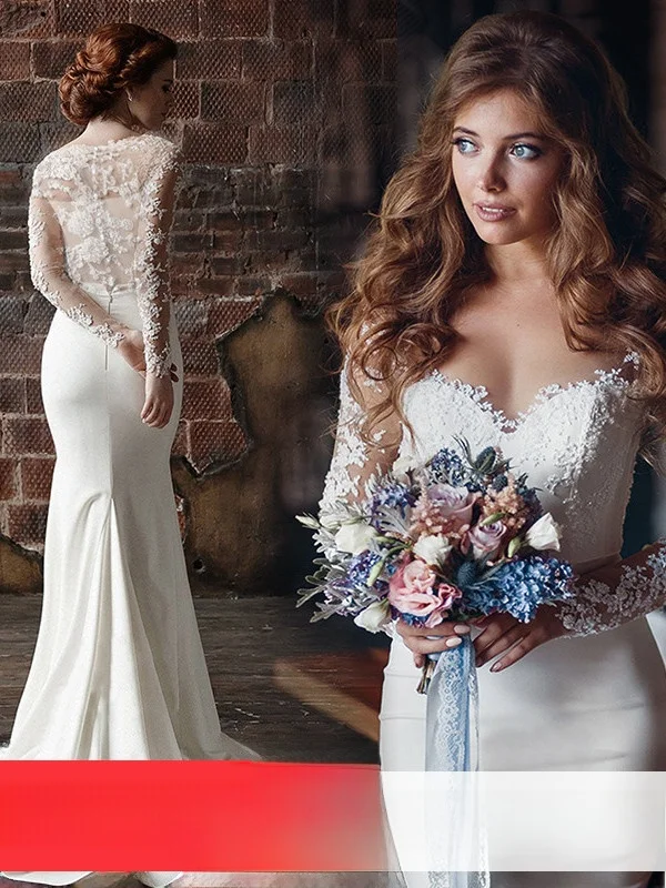 

Элегантное свадебное платье с длинными рукавами, кружевное, приталенное, с шлейфом, на молнии, с ручной вышивкой, со средней талией