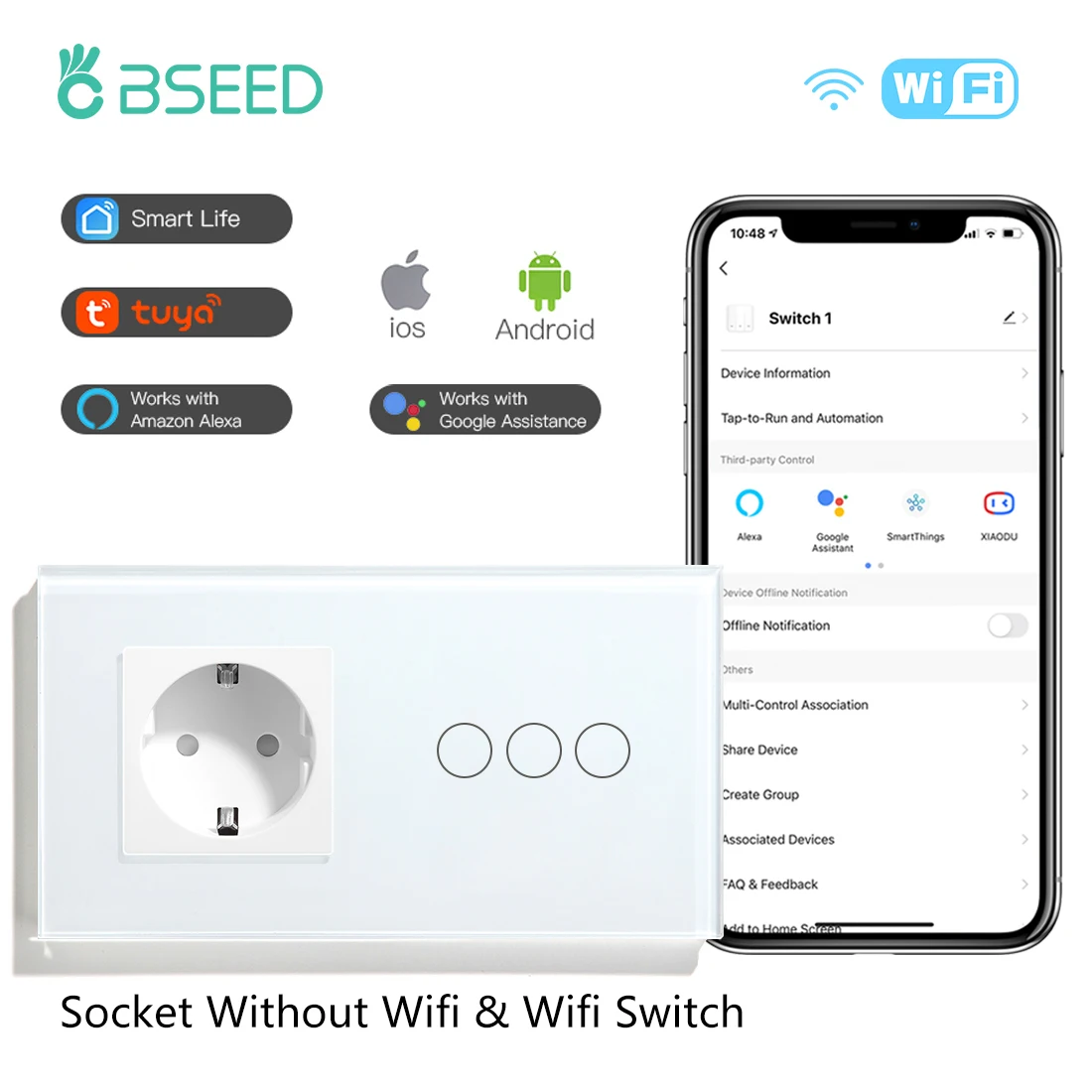BSEED Wifi 1/2/3Gang Smart Touch Schakelaars 1/2/3Way Wandlampschakelaars Tuya Smart Leven app Controle Plus Sockets EU Standaard