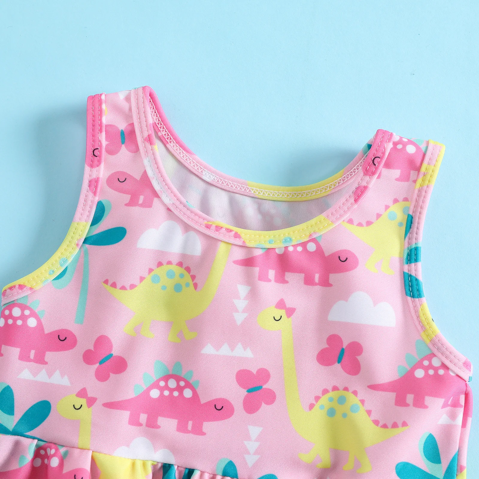 Traje de baño de dos piezas para niños y niñas, conjunto de Bikini rosa con estampado de dinosaurio de dibujos animados, ropa de playa