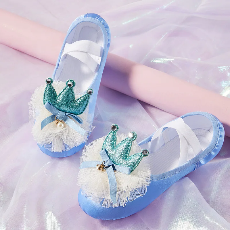 Girls Ballet Shoes Crown Silk Soft Sole Ballet Dance Slippers Children Practise Ballerina Shoes Woman Gymnastics