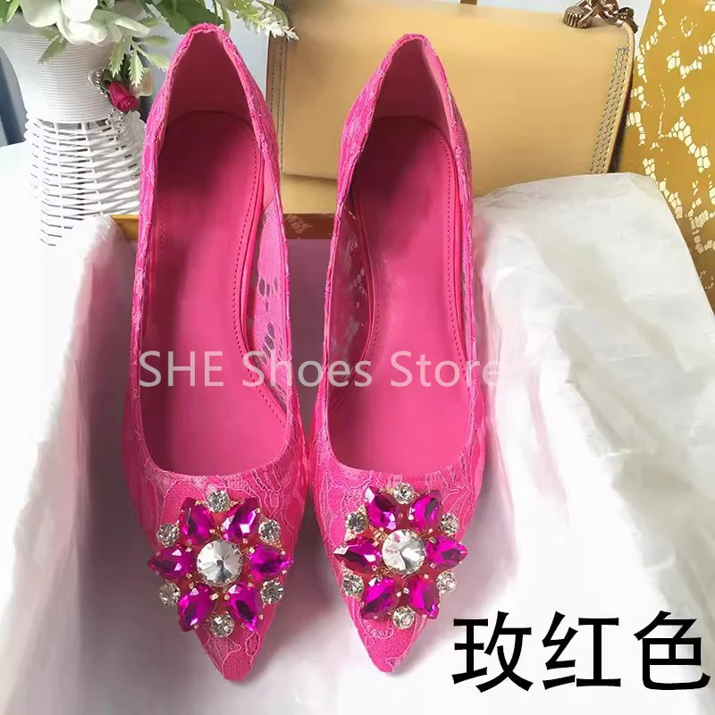 Hollow Out Lace Rhinestone Pointed Toe Thin Heel Women High Heels Fashion Catwalk Shallow Slip-On Pumps Wedding Bride Shoes