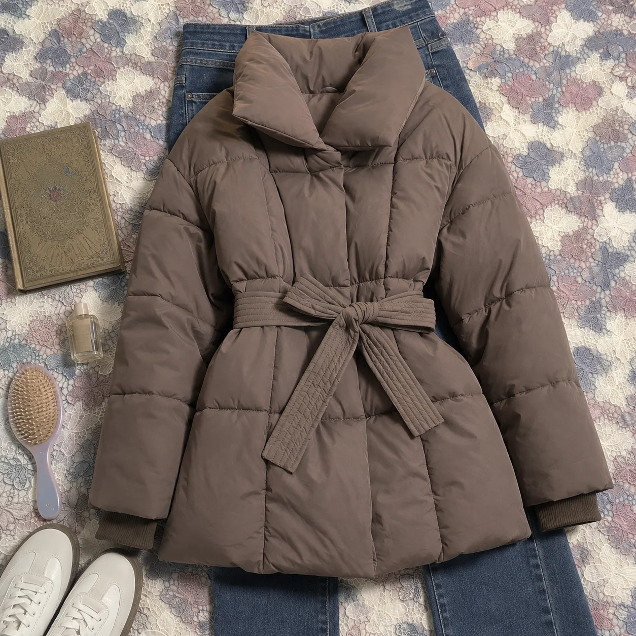 Herbstliche Casual-Parkas für Damen, Modische Einfarbige Kurze Jacke mit Vollarm und Schnürung, Damen-Winterjacke 2026 für den Arbeitsweg