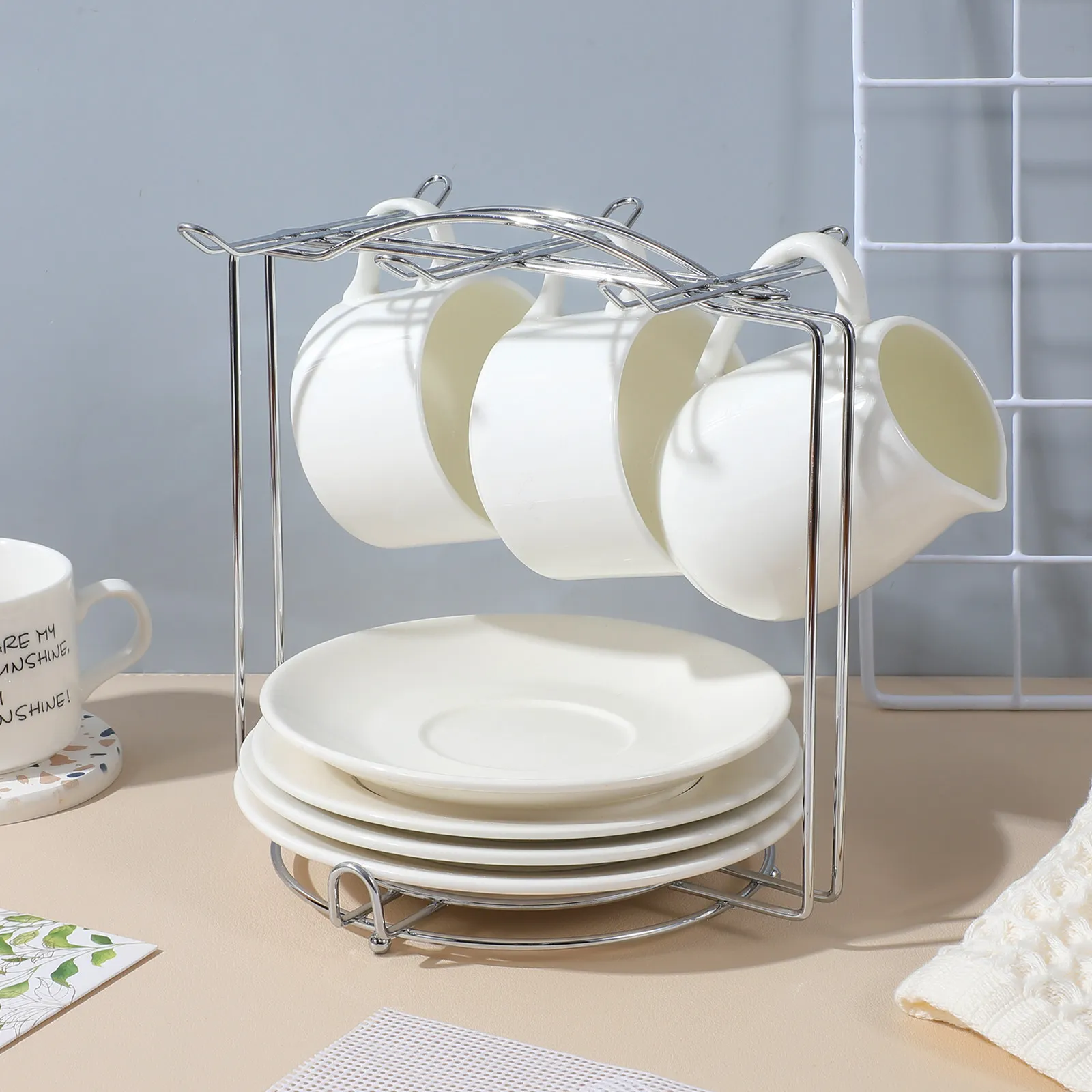 

Stainless Steel Mug Stand Holder for 4 Coffee Mugs and 6 Plates Kitchen Counter Cabinet Wall Shelf Organizer Drying Rack