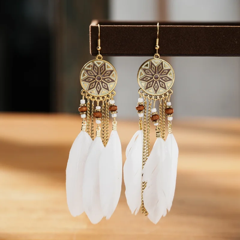 Bohemian Vintage Lange Weiße Feder Ohrringe für Frauen Ethnische Temperament Gold Farbe Kette Quaste Ohrringe Boho Hochzeit Schmuck – Detail 15