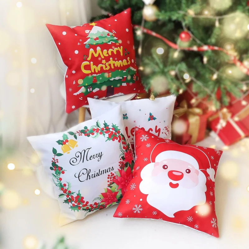 Set of 4 Christmas Decorative Pillow Covers Square,Winter Holiday Home Decor Floral Hoop Santa Claus Xmas Tree Cushion Covers