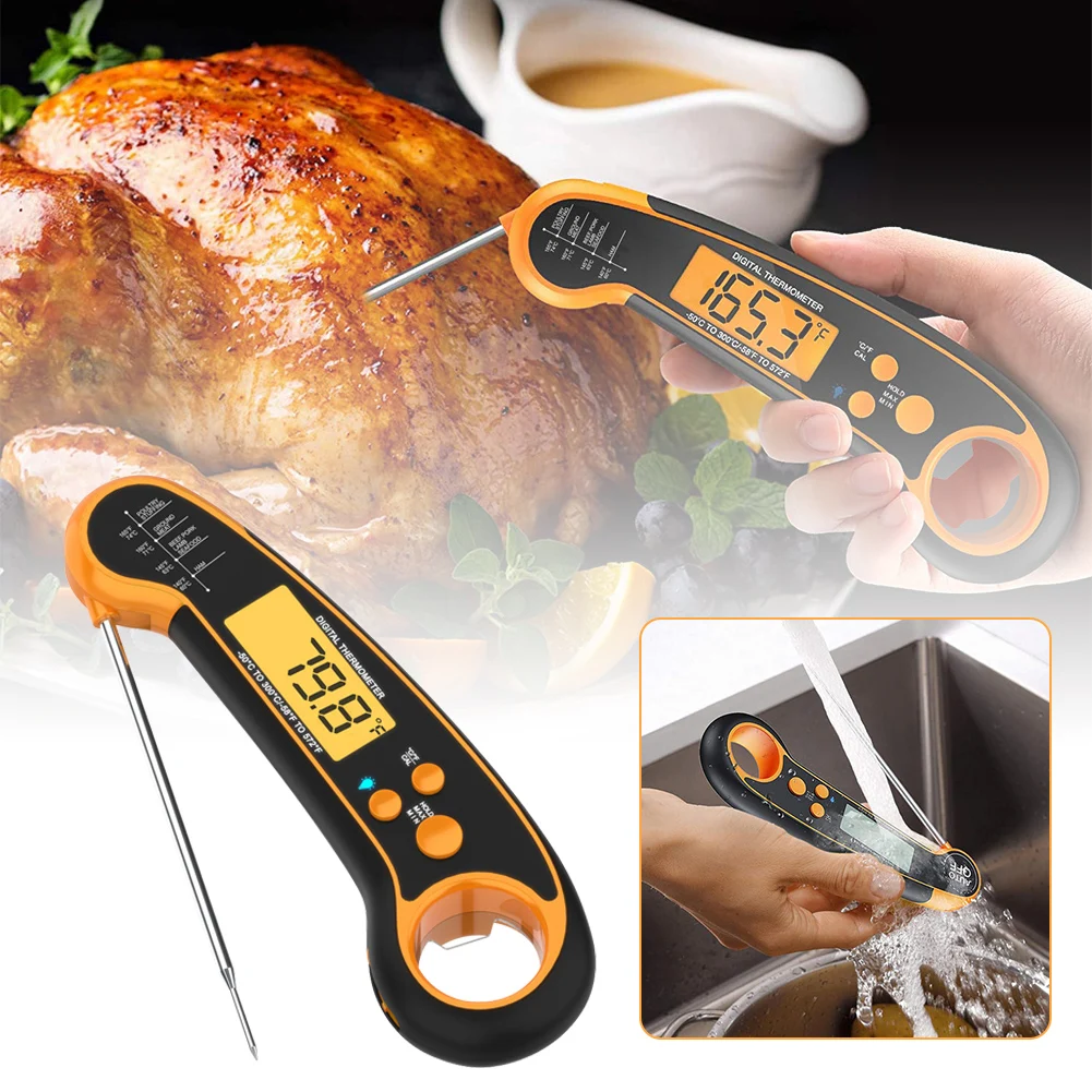 Waterproof Digital Food Thermometer Instant Read Auto Power On/OFF Foldable Probe Kitchen Thermometer with Backlight Magnet