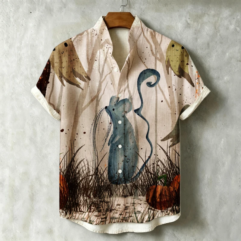 Mens Mandarin Collar Short Sleeve Shirt Halloween Forest Art Print Breathable Loose Button Up Tops Oversized Tunics