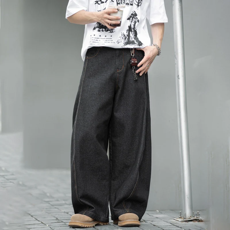 

TFETTERS Japanese Contrast Color Topstitching Men's Jeans Spring 2025 New Arrival Curved Hem Streetwear Loose Fit Casual Pants