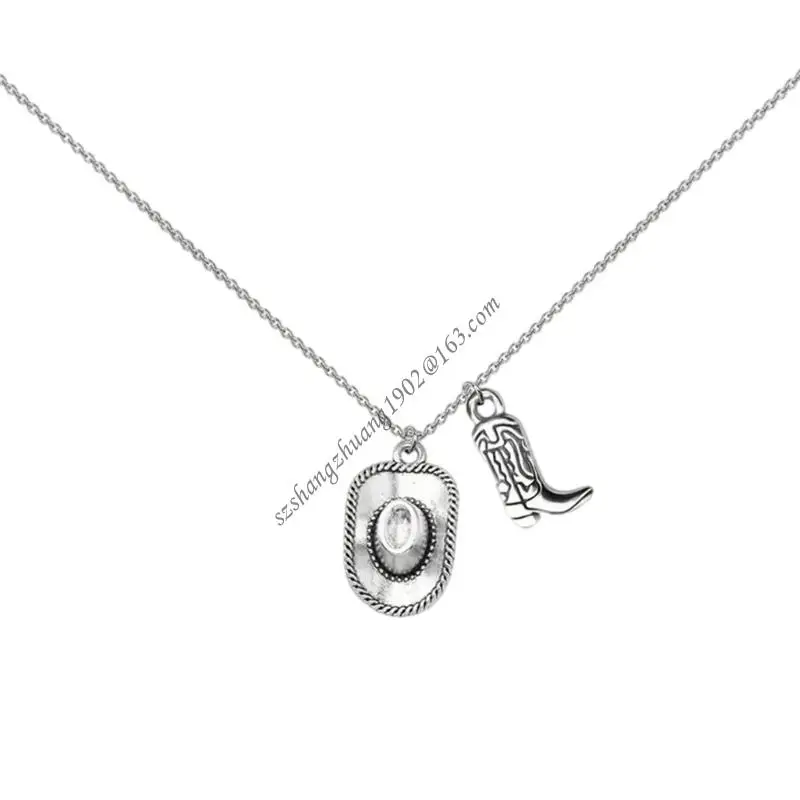 

Q6RB Bucolic Cowboy Boot Hat Hate Alloy Подвесное ожерелье Уникальные женские ювелирные аксессуары