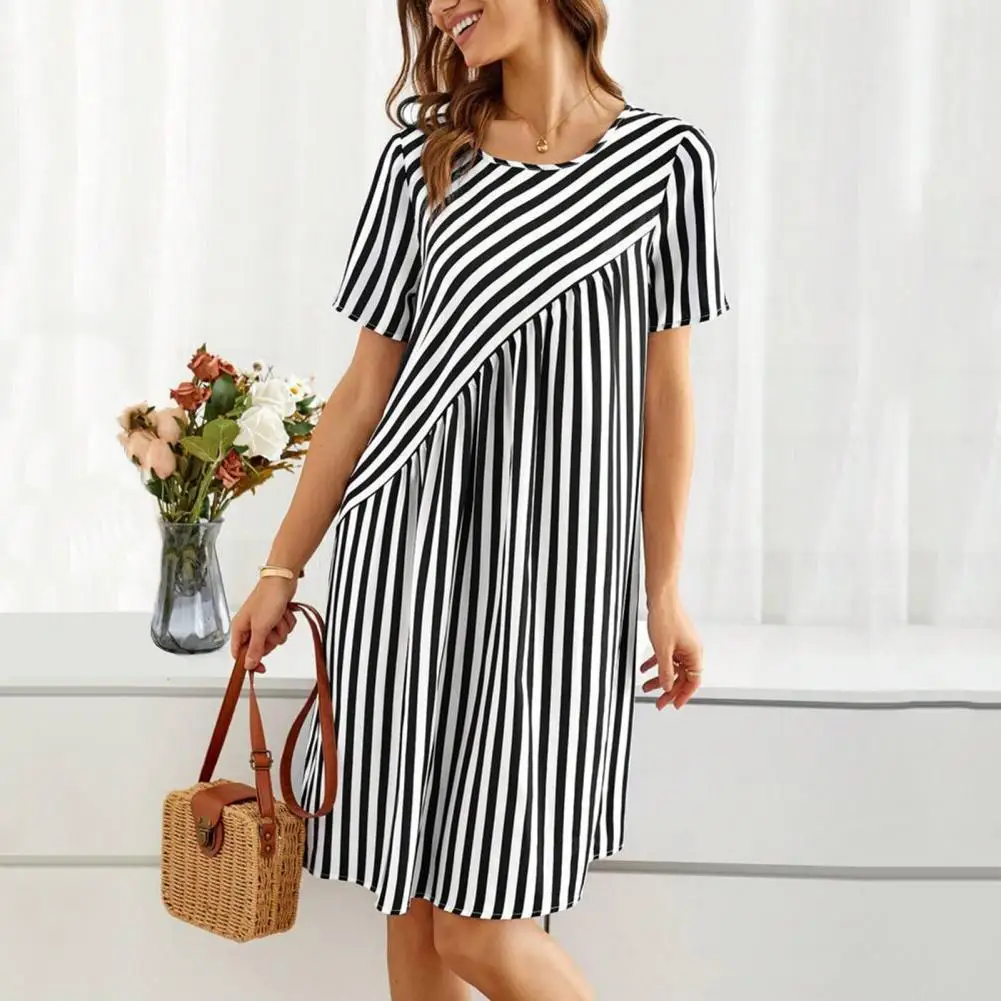 

Soft Fabric Dress Chic Striped Print Lady Dress Irregular A-line Style for Wear Commute Dating Summer Fashion Must-have Lady