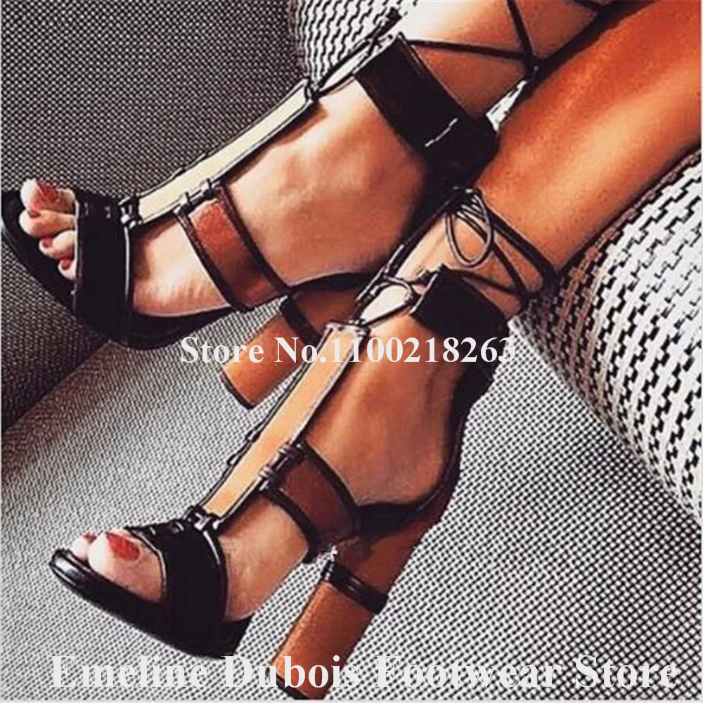 Fashion Mixed-colors Stripes Thick Heel Sandals Emeline Dubois Open Toe T-straps Patchwork Chunky Heel Sandals Dress Heels