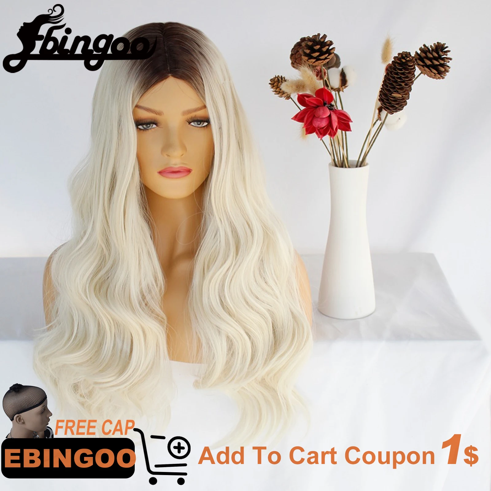 Ebingoo Long Body Wavy Ombre Platinum Blonde Womens Wig Middle Part Side Hair Heat Resistant Fiber Synthetic Machine Made Wig