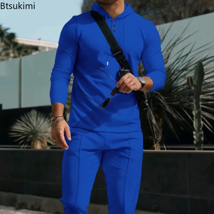 2025 New Men's Waffle Sets Spring Autumn Fashion Hoodies and Sweatpant Two Piece Sets Casual Outdoor Tracksuits Male Streetwear