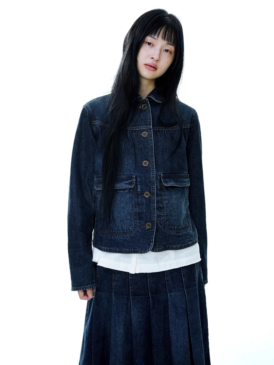 Retro Japanse Sle Waed Denim Jaet plooirok Casual broek Button-up irt Long Sve Cotton Regular Fit