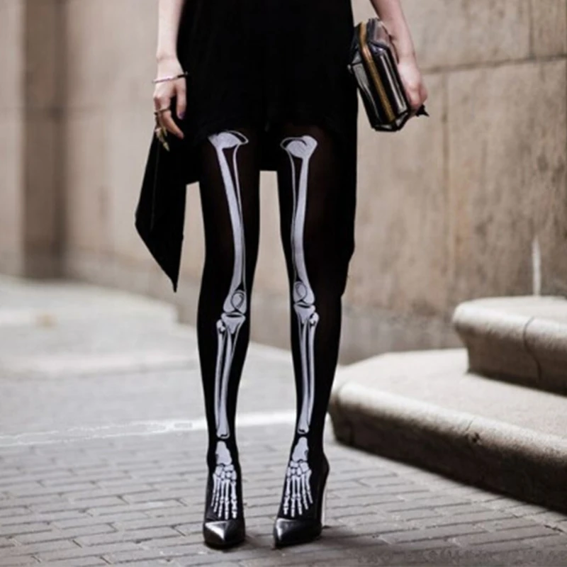 Halloween Leggings Skeleton Printed Cosplay Tights Women Japanese Creativity Funny Stockings Bone Socks for Party Bar