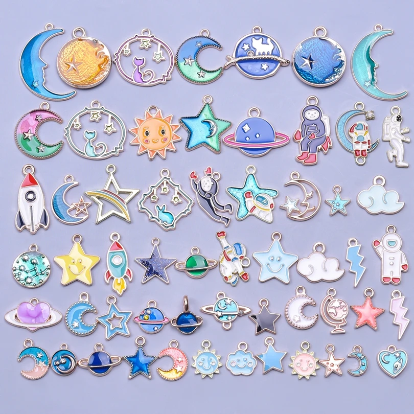 Random Mix The Firmament Sun Moon Star Charm For Jewelry Making Bulk Astronaut Blue Planet Metal Enamel Charms Pendant Materials