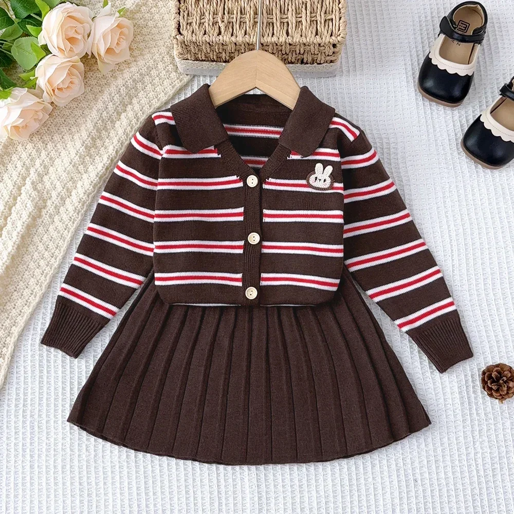 Bear Leader Kids Clothes Striped College Style Winter Long Sleeved Embroidered Rabbit Top+pleated Skirt 2-piece Sets