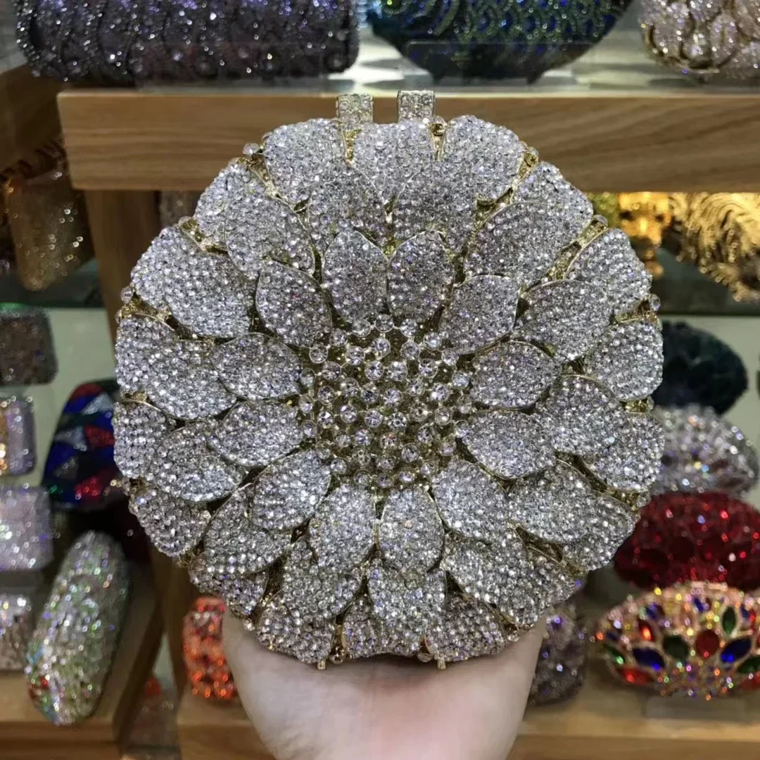 XIYUAN Women Gold Crystal Purse Evening Clutch Bag Bridal Flower Handbag Sunflower Shape Wedding Party Metal Rhinestone Clutches